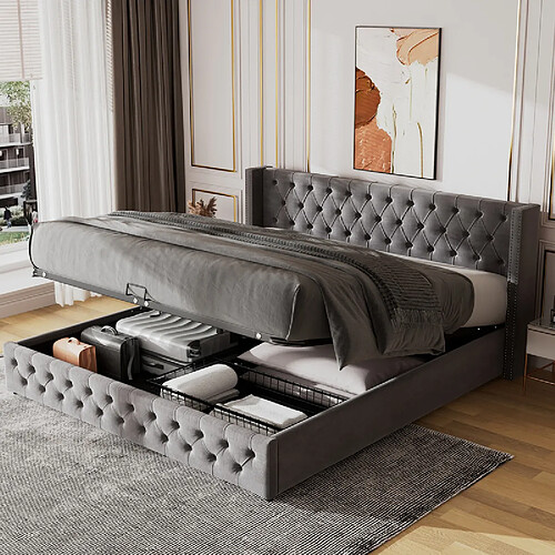 DZMDIP Lit coffre 180x200, lit double lit 2 personnes avec sommier et rangement, style Chesterfield, velours, gris