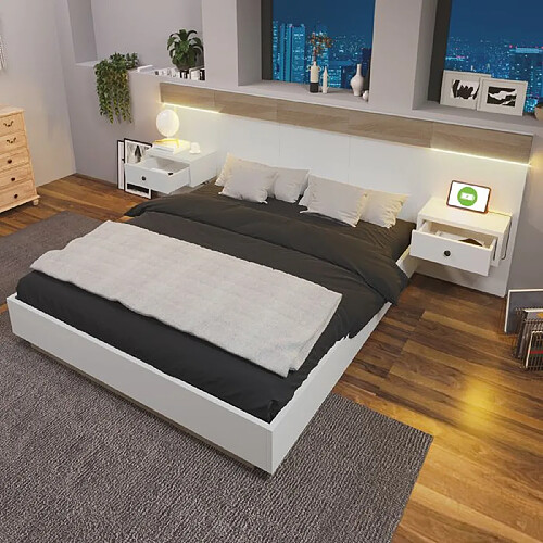 DZMDIP Lit double 140×200 cm Lit 2 personnes Livré avec 2 tables de chevet LED et prise USB C, chêne/blanc (matelas non inclus)