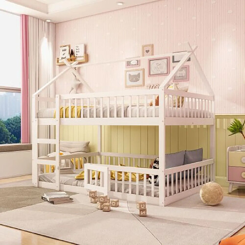 modfu Lit superposé 140x200 cm avec escalier, en bois, blanc