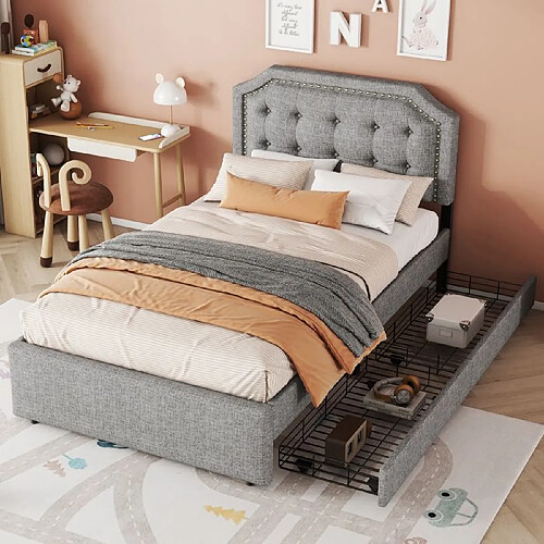 DZMDIP Lit simple 90×200 cm Lit coffre 1 personne Table de chevet avec clous décoratifs, double 2 tiroirs, gris
