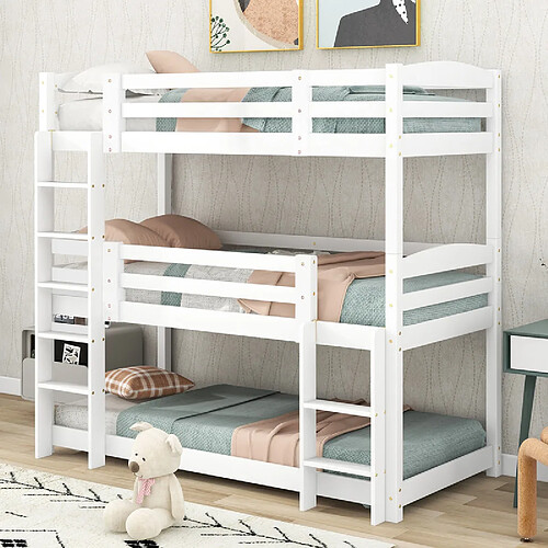 DZMDIP Lit superpose 3 places 90x200 cm lit triple Structure en bois Sommier à lattes, échelle et barrière de protection sans matelas