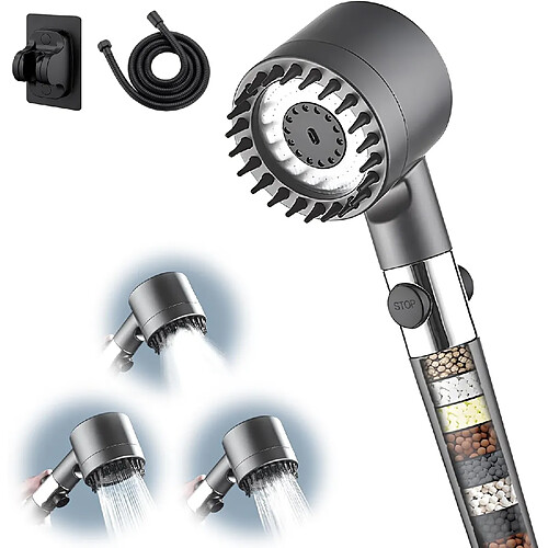 Vendos85 Pommeau de douche massant - 150 cm - 3 jets - Noir
