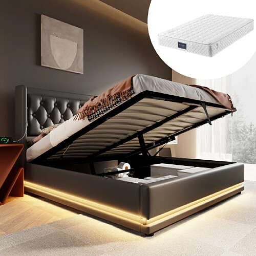 modfu Lit coffre 140x200 cm, tête de lit avec USB Type-C et LED, en similicuir, noir