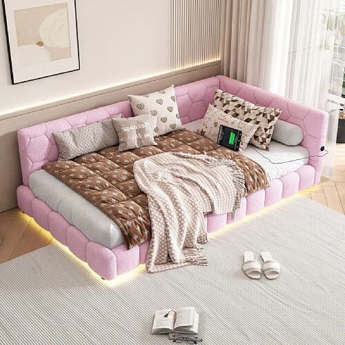 modfu Lit enfant 90x200 cm avec éclairage et port USB Type-C, en velours, rose