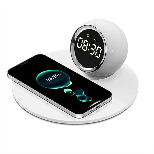 Chargeur Sans Fil 15W Avec Horloge LED Et Lampe De Chevet Rotative Blanche YONIS