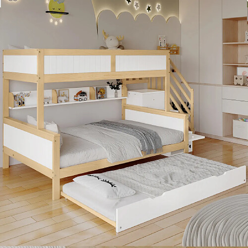 modfu Lit superposé 90x200 cm avec barrière, armoire et escalier, en bois, blanc
