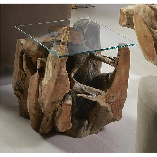 Alexandra House Living Table d'angle en racine de teck massif avec plateau en verre 40 x 40 x 45 cm
