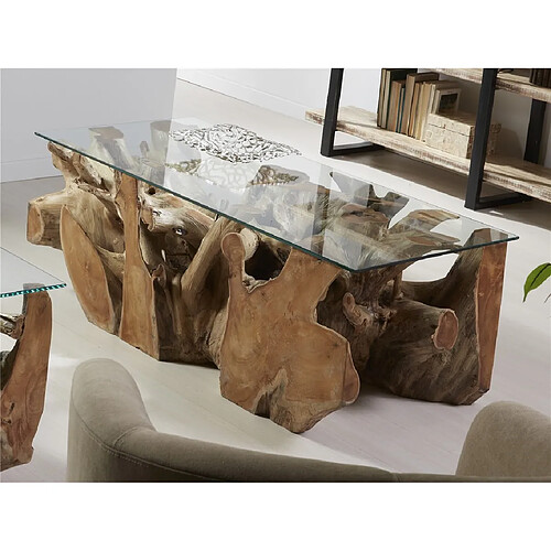 Alexandra House Living Table basse en racine de teck massif avec plateau en verre 120 x 60 x 45 cm
