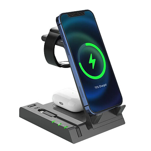 Chargeur Sans Fil 6-En-1 Avec Port USB-C Et Câble 8 Pin Pour Téléphones Montres Gris YONIS