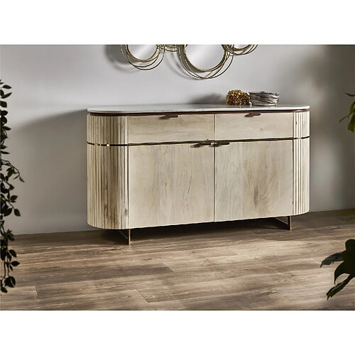 Alexandra House Living Buffet rond Sextans Mango avec plateau en marbre, pour 2 personnes et 2 couverts, 150 x 40 x 80 cm