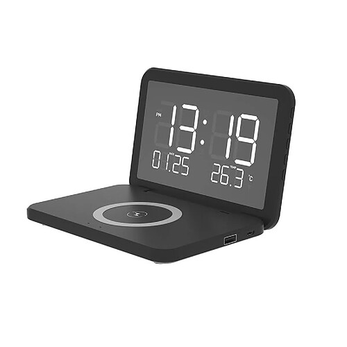 Chargeur Sans Fil 15W Calendrier Horloge Miroir Pliable Avec Réveil et Luminosité Noir YONIS