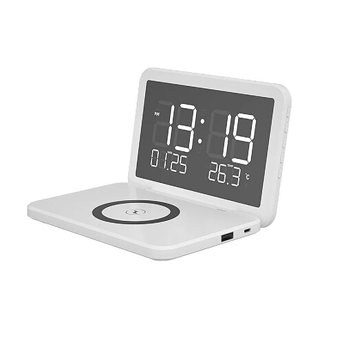 Chargeur Sans Fil 15W Calendrier Horloge Miroir Pliable Avec Réveil et Luminosité Blanc YONIS