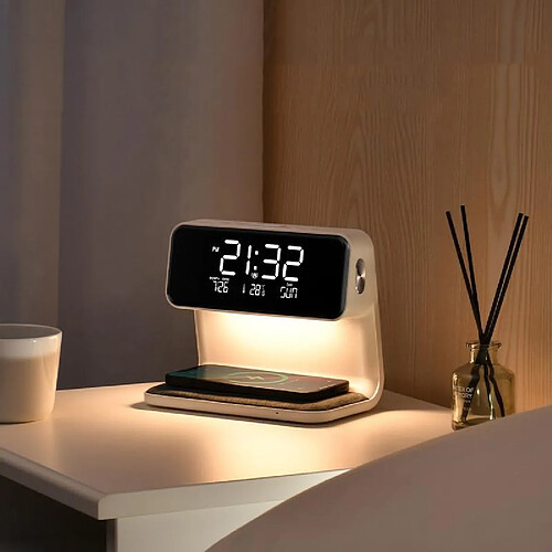 Lampe De Chevet 3 En 1 Avec Chargeur Sans Fil Et Réveil Écran LCD Blanc YONIS