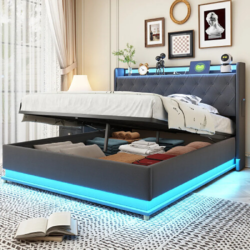 modfu Lit coffre 140x200 cm avec LED et USB, en lin, gris