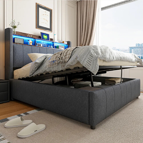 modfu Lit coffre 140x200 cm avec LED, USB et tête de lit avec étagères, en lin, gris