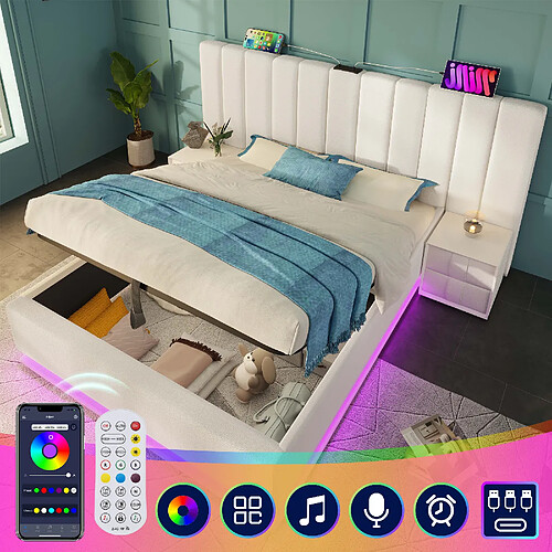 Blossom Paris Lit double capitonné 160x200, rangement, LED App, USB-C, cadre lattes, PU blanc (sans matelas/table)