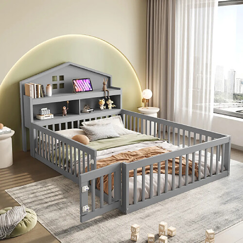 modfu Lit enfant 140x200 cm avec étagères, barrière et porte, en bois, gris