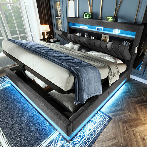 Blossom Paris Lit double capitonné 180x200, tête de lit rangement USB/Type-C, LED, hydraulique, gris lin. (sans matelas)