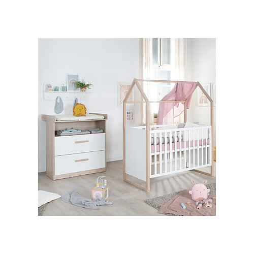 Roba Ensemble chambre Cabane lit 60x120 transformable + commode à langer chêne/blanc