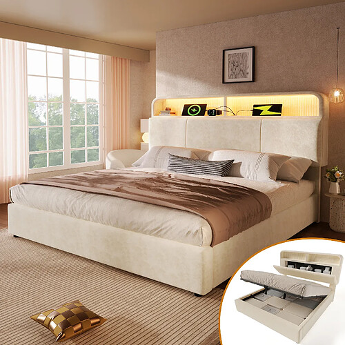 Blossom Paris Lit capitonné 160x200, tête de lit réglable avec rangement, LED, USB/Type-C, velours beige (sans matelas)
