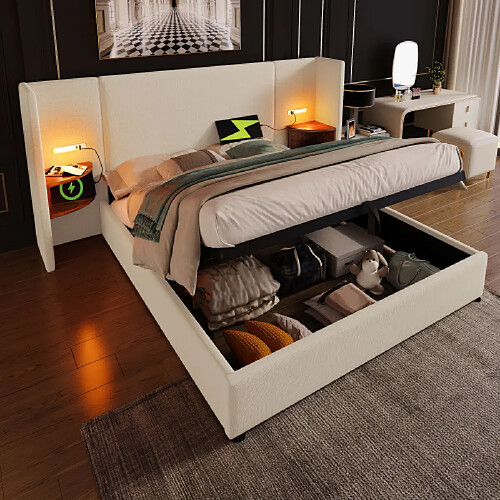 modfu Lit coffre 180x200 cm avec table de chevet, lampe et USB Type-C, en lin, beige