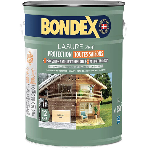 Bondex - Teinture extérieure 2-en-1 - 5 L - Incolore - Fini Satiné - Protection 12 Ans