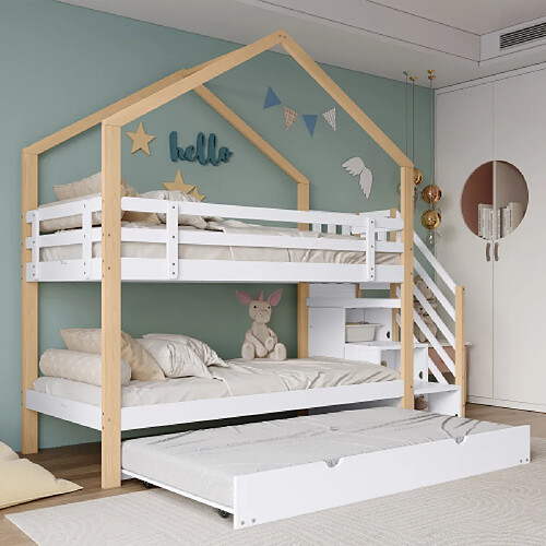 modfu Lit superposé 90x200 cm avec 3 tiroirs et barrière, en bois, blanc