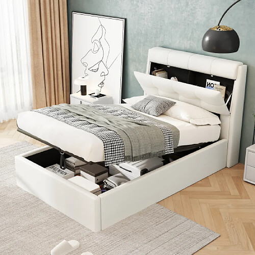 modfu Lit coffre 90x200 cm avec sommier à lattes et tête de lit, en similicuir, blanc