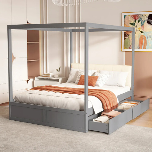 modfu Lit adulte 140x200 cm avec tiroirs et tête de lit, en bois, gris