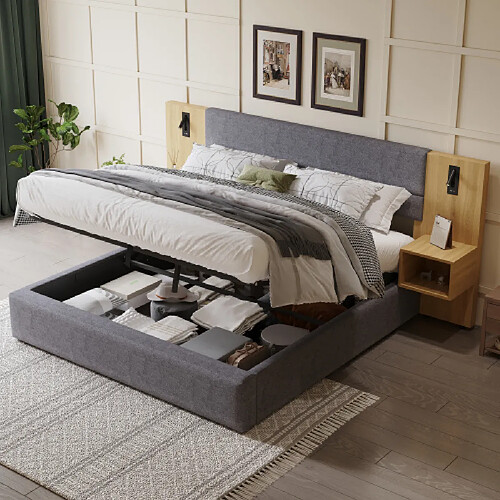 modfu Lit coffre 180x200 cm avec USB, éclairage et 2 tables de chevet, en velours, gris