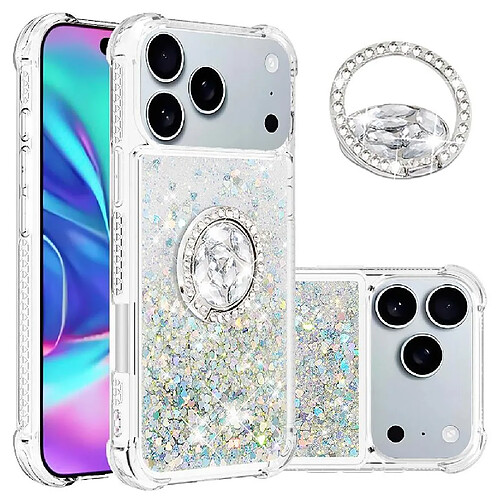 Étui Pour de téléphone iphone 17 Pro Max avec beu d'anneau Bague Bague Protection antichoc Débit de sable mousseux Argent