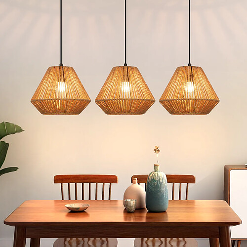 Nettlife Suspension Boho en Rotin pour Table à Manger, Lustre 3 Lumières E27, Hauteur Réglable, Luminaire Suspendu Naturel Salon (Sans Ampoule)