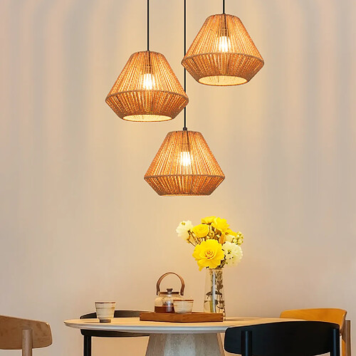 Nettlife Lampe Suspendue Rétro en Rotin, Plafonnier 3 Lampes E27, Design Bambou Naturel, Luminaire Ajustable pour Salon Salle à Manger