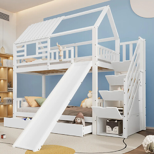 modfu Lit superposé 90x200 cm avec escalier, toboggan et tiroir, en bois, blanc