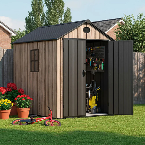 Hoggar – Abri de jardin en résine 3,62 m² Oak O40 – Sol inclus – Fenêtre latérale – Effet bois premium – Double porte large – Protection UV et imperméable – Fermeture avec loquet – Aérateurs