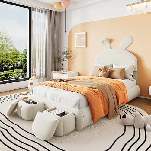 modfu Lit enfant 90x200 cm avec bandes lumineuses et 2 tabourets, en velours, beige