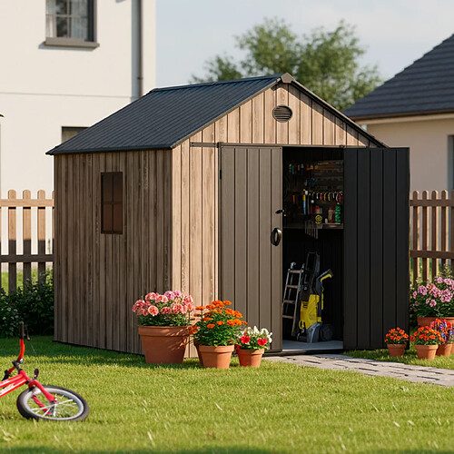Hoggar – Abri de jardin en résine 5,02 m² Oak O50 – Sol inclus – Fenêtre latérale – Effet bois premium – Double porte large – Protection UV et imperméable – Fermeture avec loquet – Aérateurs