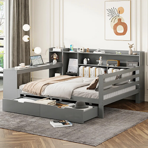 modfu Lit adulte 140x200 cm avec bureau, étagères et prise électrique, en bois, gris