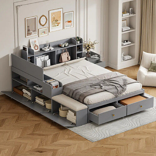 modfu Lit adulte 140x200 cm avec tiroirs, table de chevet et banquette, en bois, gris