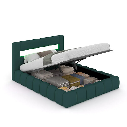 Concept Usine Lit coffre led style nuage 180x200cm en velours vert avec tête de lit et sommier OMAHA