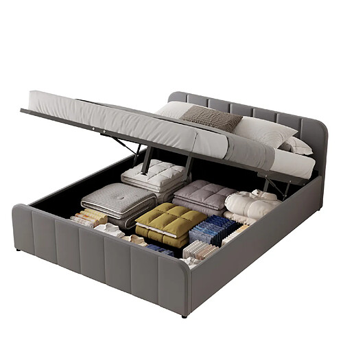 Concept Usine Lit coffre 140x190cm en velours gris TAMPA