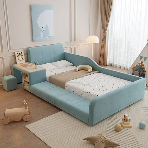 Blossom Paris Lit simple capitonné avec bureau et tabouret enfant, étagère de rangement, tête de lit molle, velours, bleu, 90x200 cm