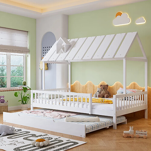 Blossom Paris Lit enfant avec lit escamotable, toit avec cheminée, 3 côtés barreaux, pin et MDF, blanc (120x200/190 cm)