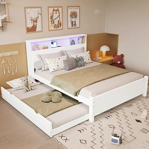 Blossom Paris Lit double plateforme familial avec LED, prise USB, lit escamotable et rangement tête de lit, pin et MDF, blanc (120x200 et 90x190 cm)