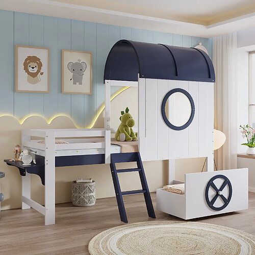 Blossom Paris Lit mezzanine enfant avec toit, fenêtre et tiroir - Bois pin & MDF blanc/bleu 90x200 cm