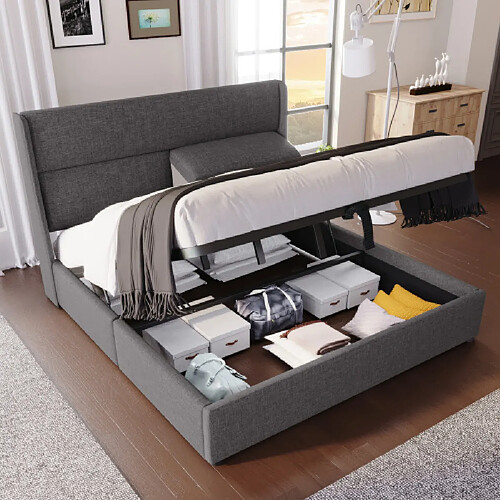 modfu Lit coffre 140x200 cm avec sommier à lattes, en lin, gris