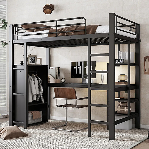 Blossom Paris Lit superposé métal avec bureau, armoire et grande échelle, métal et panneau de particules, noir, 90x200 cm