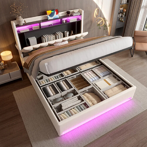 modfu Lit coffre 140x200 cm avec LED, port USB Type-C et tête de lit, en velours, beige