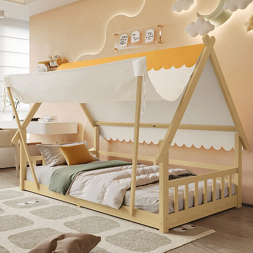 Blossom Paris Lit bois enfant maison décoratif avec tente amovible, sommier robuste et protection, pin et contreplaqué, couleur bois, 90x200 cm