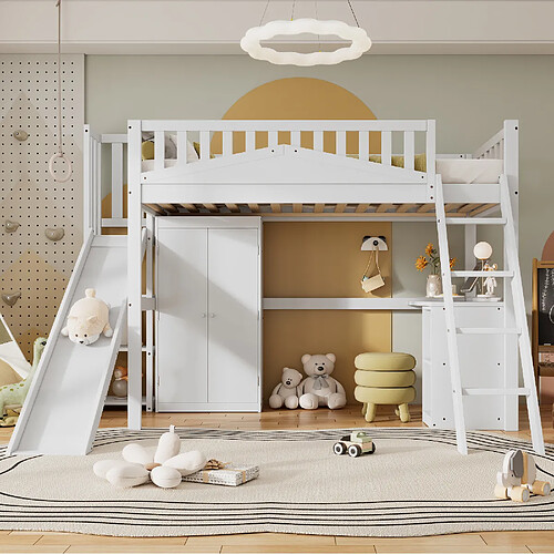 Blossom Paris Lit superposé enfant avec bureau, armoire et grande échelle, pin, MDF, contreplaqué, blanc, 90x200 cm